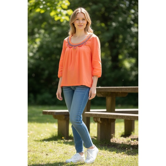Boden Tops - Boden Vibrant Orange Intricate Linen Beaded Neckline Blouse 3/4  Boho Top